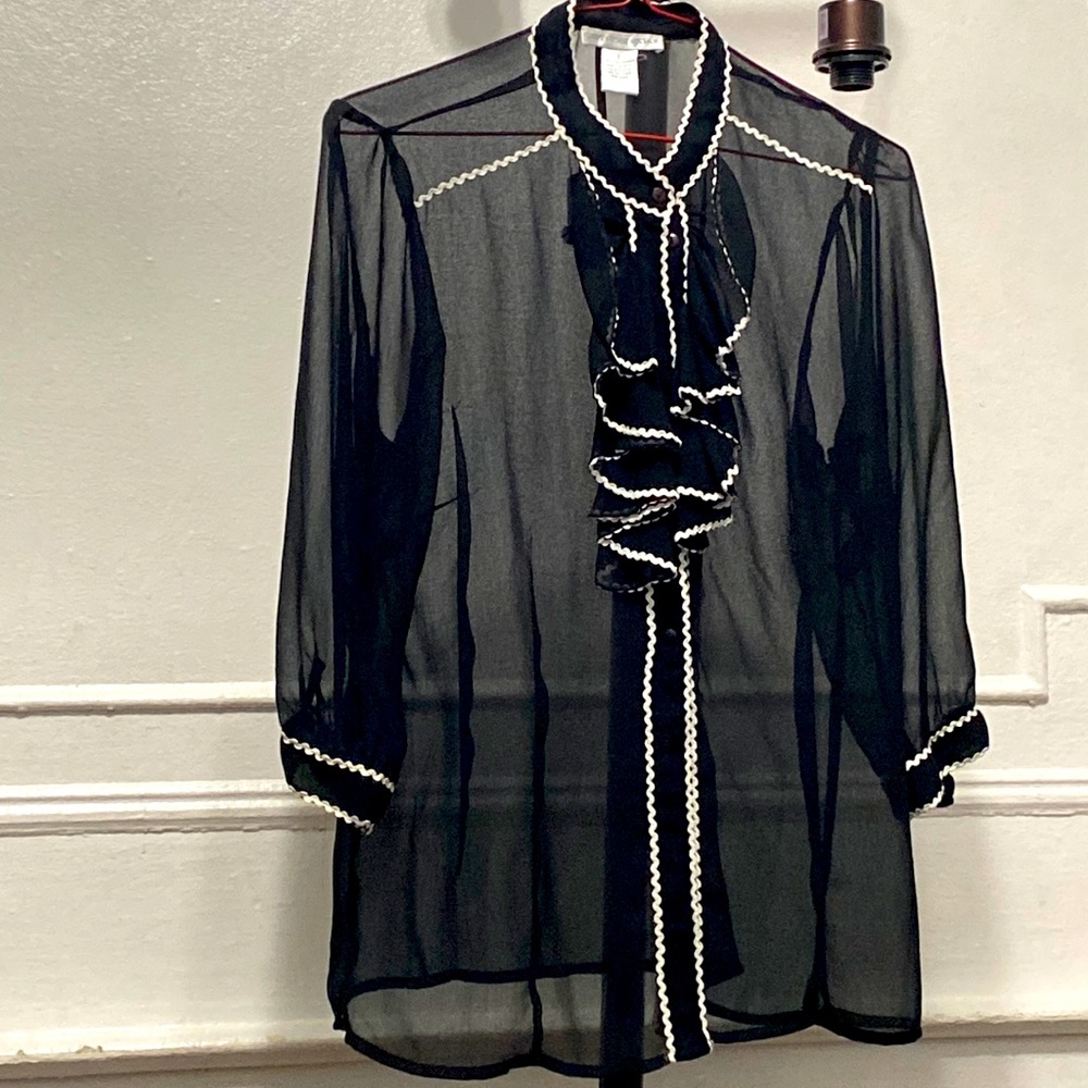 Sheer Blouse, ruffles in front, 3/4 sleeves